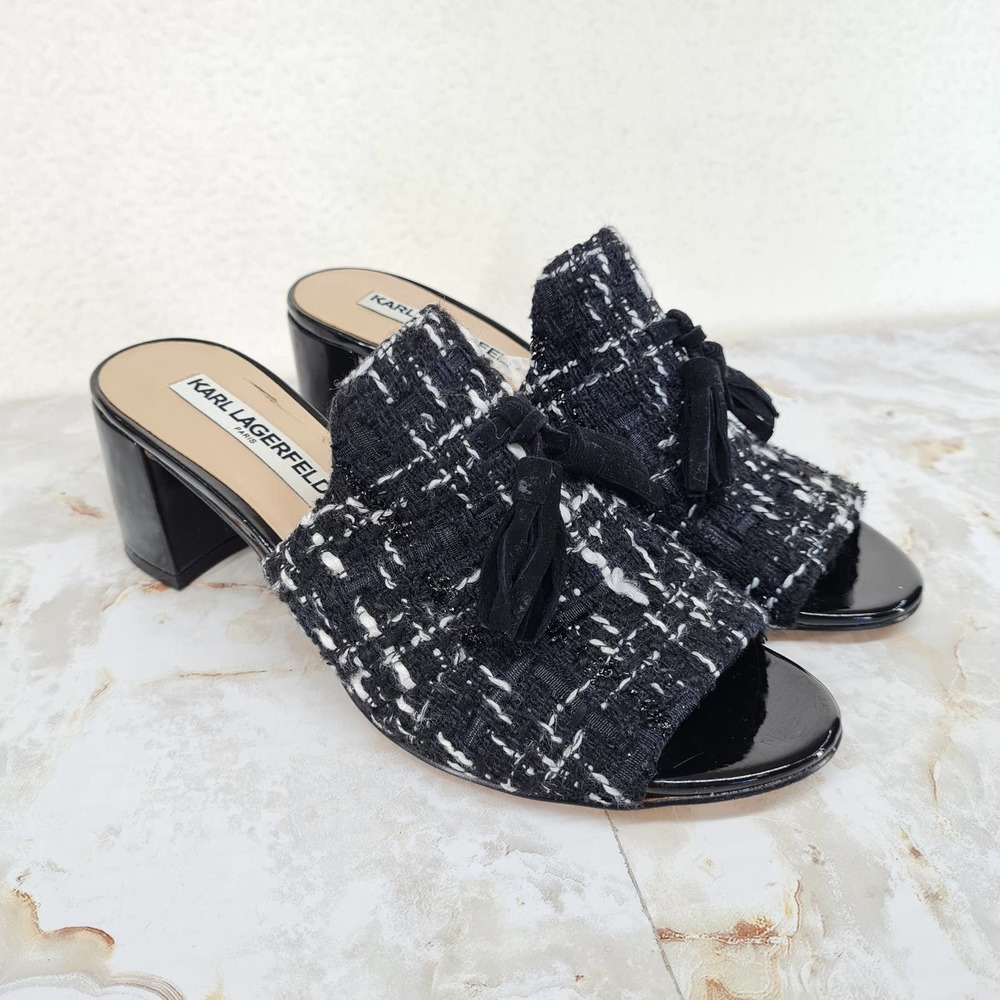 Karl Lagerfeld Hettie 2 Boucle Mules Shoes Tassels Tweed Size 6.5